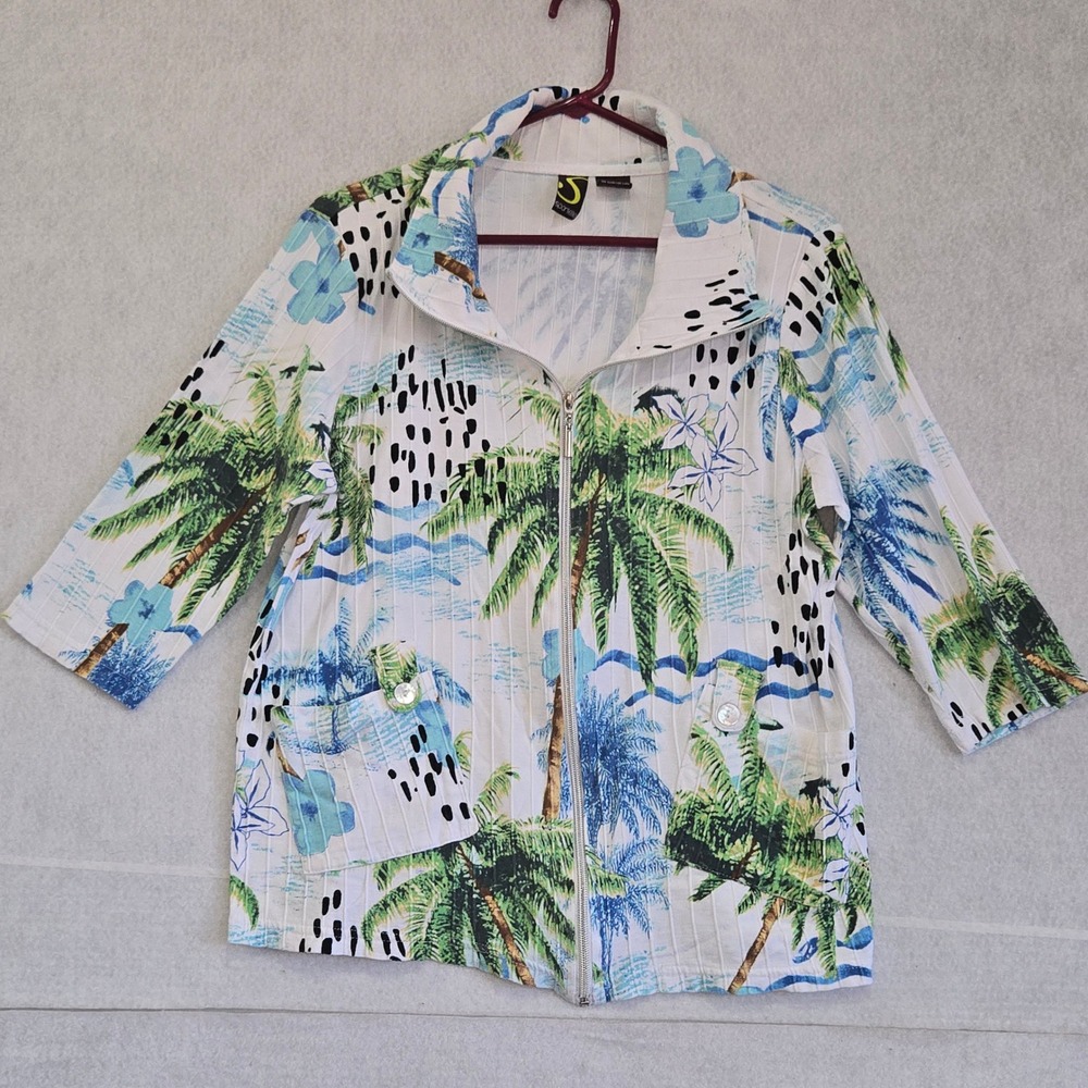 Sportelle Womens XL Cotton Full Zip Jacket Tropical Palm Tree Ribbed Knit White